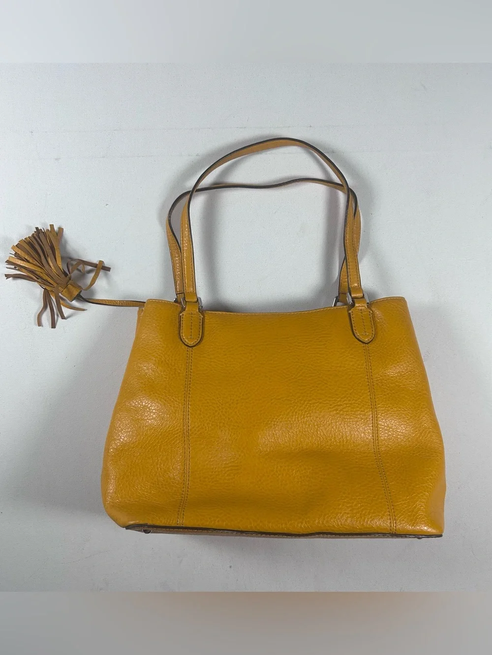 Lauren Ralph Lauren Leather Satchel Pebbled Tassel Charm Mustard Yellow Bag